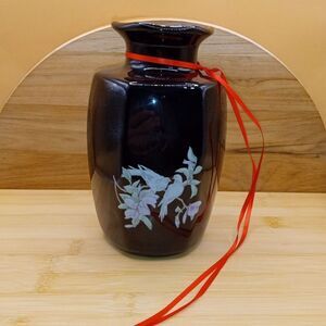 Vintage Japanese Black Transferware Birds and Flowers Porcelain Vase